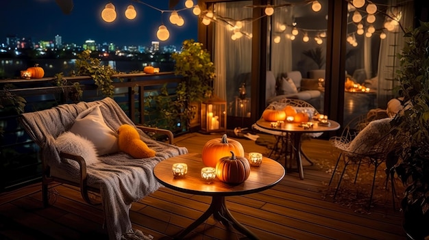 Foto lanternas de abóbora de halloween com velas sobre a mesa em uma aconchegante sala de estar terraço decorado