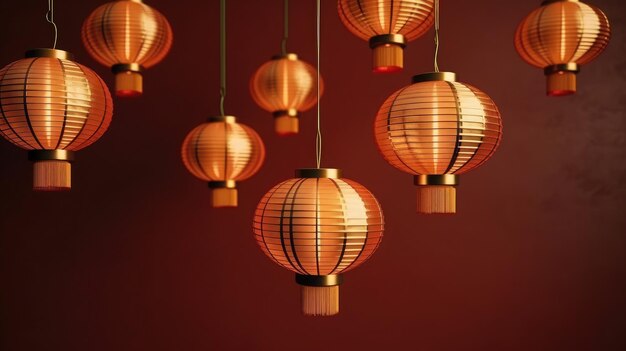 Lanternas de Ano Novo Chinês cor dourada 3D renderização de detalhes reais
