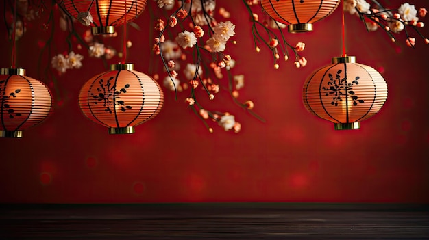 Lanternas de elementos de atmosfera festiva chinesa tradicional sobre um fundo vermelho