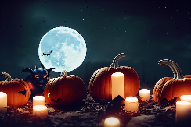 Lanternas de Halloween, rosto assustador de abóbora com luz laranja em solo escuro e noite azul enluarada ilustração rasterizada em 3D