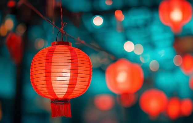 Lanternas de papel vermelho à noite penduradas no teto Feriado e celebração do ano novo chinês