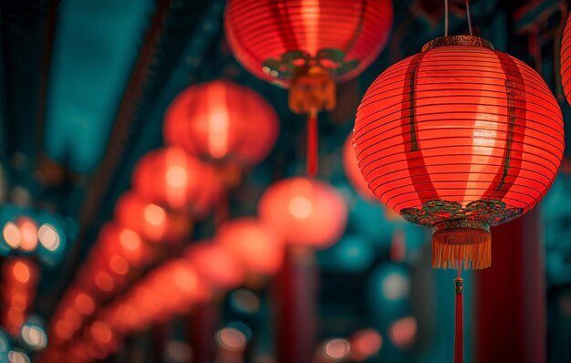 Lanternas de papel vermelho à noite penduradas no teto Feriado e celebração do ano novo chinês