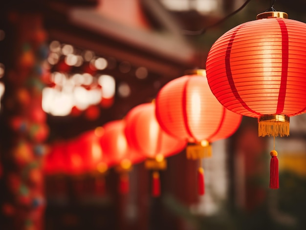 Foto lanternas de papel vermelho tradicionais penduradas fora do edifício tradicional