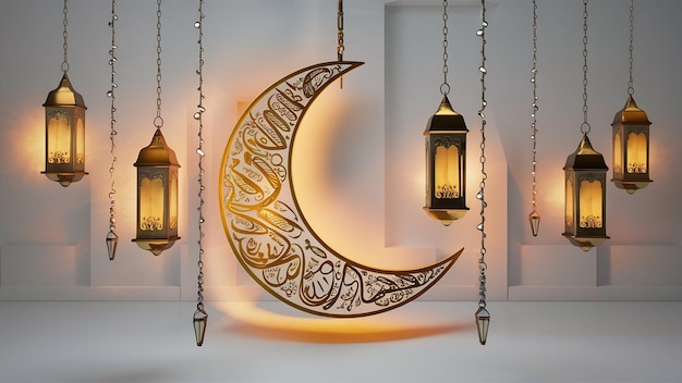 Lanternas de velas de Ramadan e lua estão penduradas e balançando em fundo branco limpo com ornamento islâmico