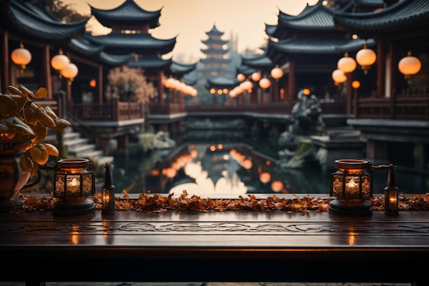 Lanternas do ano novo chinês e fundo do templo gerados ai