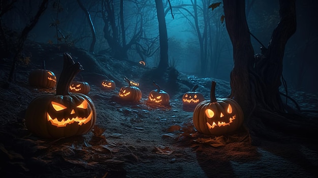 Lanternas e guirlandas de festa de Halloween em uma mesa em uma floresta nebulosaesqueletos e abóborasGenerative AI