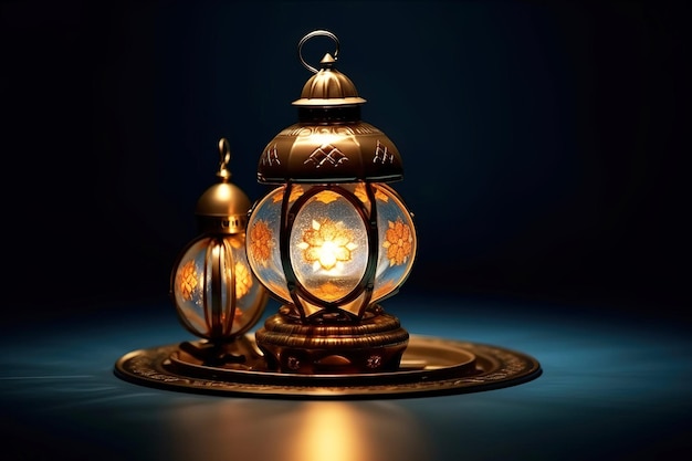 Lanternas festivas com velas queimadas para o Ramadan evento religioso muçulmano islâmico fundo escuro