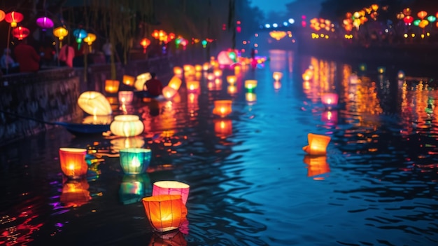 Lanternas flutuantes adornando graciosamente um rio durante uma celebração cultural iluminando a água com cores vibrantes