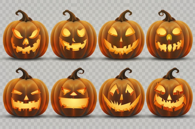 Las lanternas de Halloween espeluznantes con caras espelaznantes en un fondo transparente