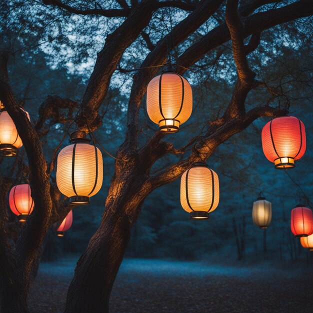 Foto lanternas iluminadas penduradas em galhos de árvores velhas