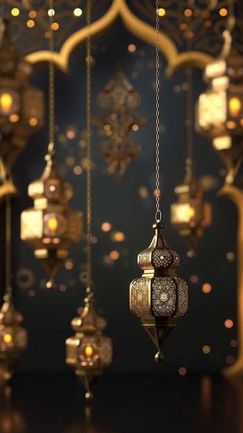 Lanternas islâmicas elegantes brilham calorosamente suspensas contra um pano de fundo decorado com luz bokeh exibindo um