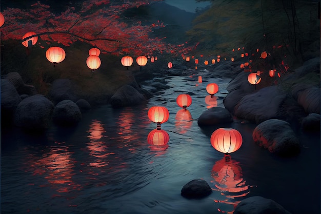 Lanternas japonesas flutuando no leito do rio