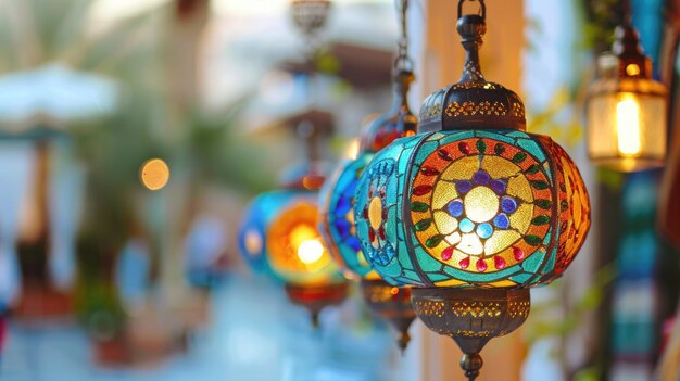 Lanternas marroquinas vibrantes penduradas num mercado ao ar livre