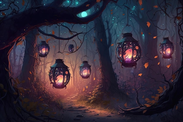 Lanternas na fantasia da floresta de fadas