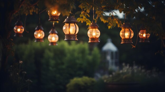 Lanternas rústicas penduradas num jardim ao anoitecer