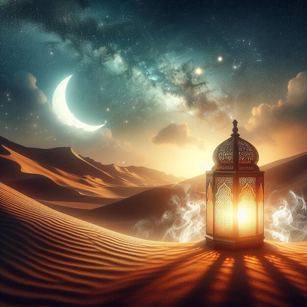 Foto lanternas sobre o deserto com uma lua crescente e galáxia no fundo ramadan kareem e eid al