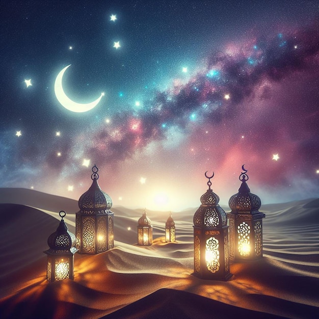 Foto lanternas sobre o deserto com uma lua crescente e galáxia no fundo ramadan kareem e eid alfitr ai gerado