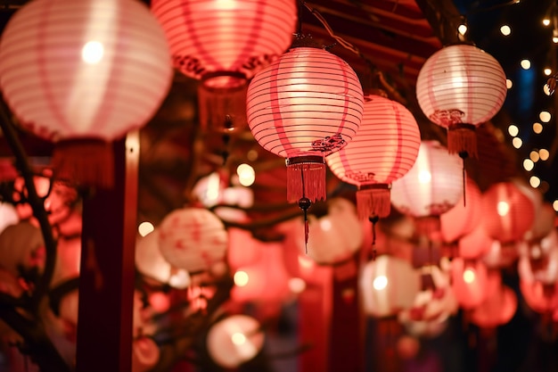 Foto lanternas tradicionais chinesas à noite, closeup de lanternas de papel vermelho