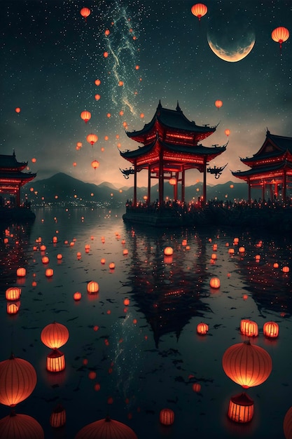 Lanternas vermelhas de Kongming penduradas no céu, casas em ambos os lados do lago, multidões assistindo a lan