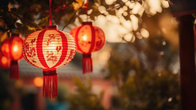 Lanternas vermelhas de papel chinesas penduradas com guirlandas de fitas e lâmpadas à noite no quintal