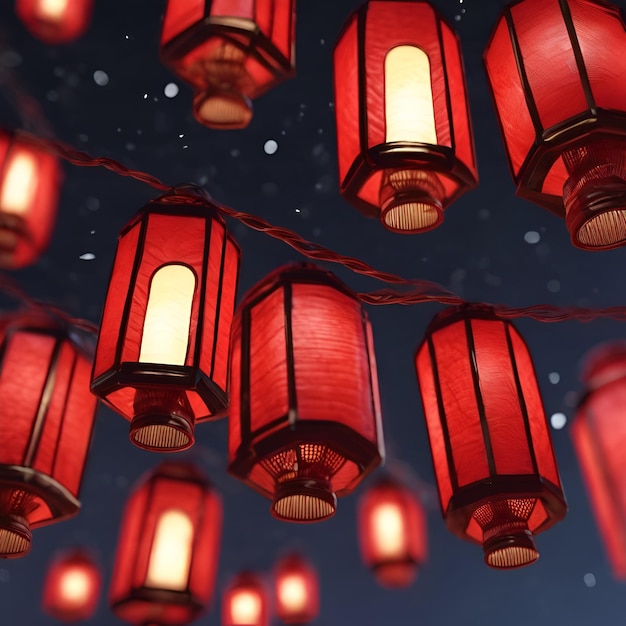 Foto lanternas vermelhas penduradas em aglomerados iluminando a noite