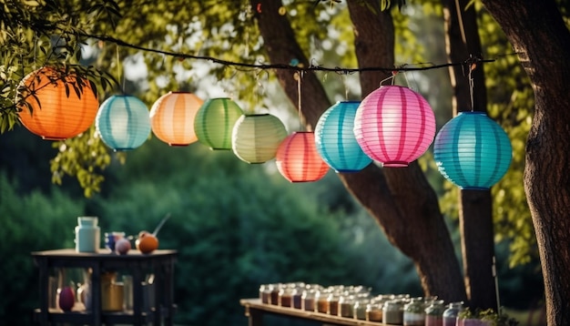 Lanternas vibrantes iluminam a tradicional celebração do festival ao ar livre gerada por IA