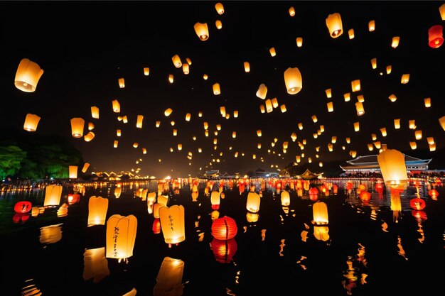 Lanternas voadoras coloridas iluminam uma celebração festiva à noite