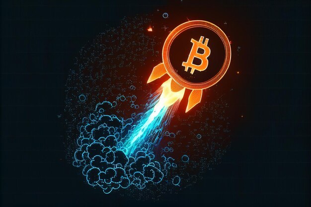 El lanzador de cohetes en el logotipo de Bitcoin representa el aumento del precio de las criptomonedas yendo a la luna IA generativa