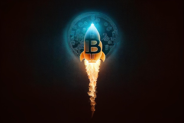 El lanzador de cohetes en el logotipo de Bitcoin representa el aumento del precio de las criptomonedas yendo a la luna IA generativa