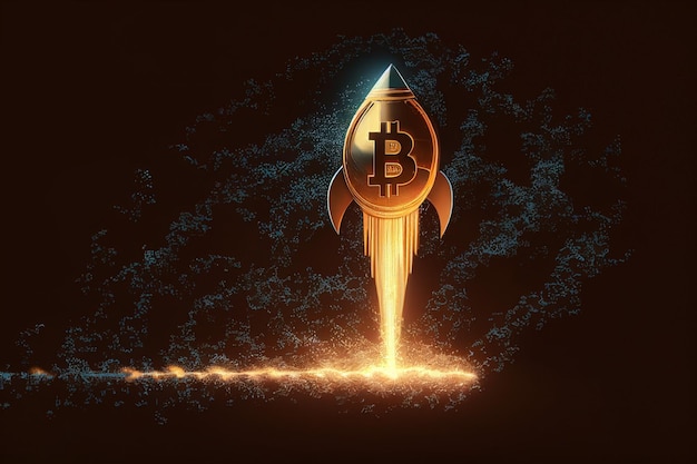 El lanzador de cohetes en el logotipo de Bitcoin representa el aumento del precio de las criptomonedas yendo a la luna IA generativa
