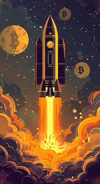 Lanzamiento de un cohete Bitcoin al espacio en una lámina metálica Texto Ilustración criptomoneda