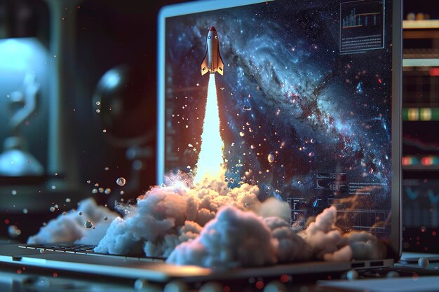 Lanzamiento de un cohete espacial desde la pantalla de la computadora portátil