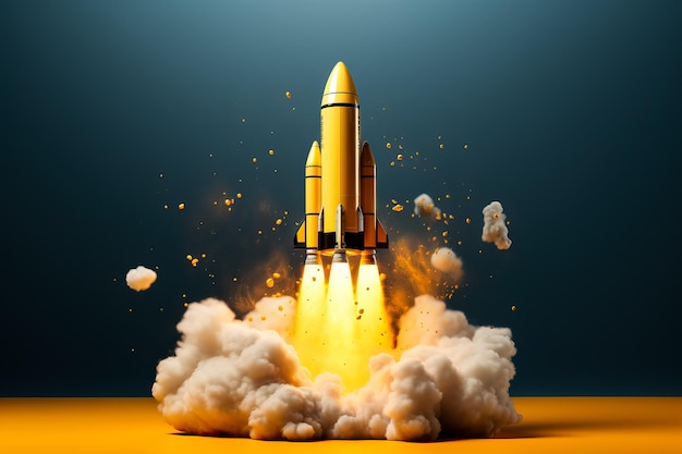 Foto lanzamiento de cohete en fondo amarillo aislado y capturado