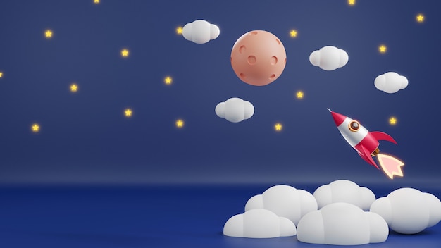 El lanzamiento del cohete tiene humo en la galaxia del cielo volando a la luna sobre las nubes Ilustración de renderizado 3D
