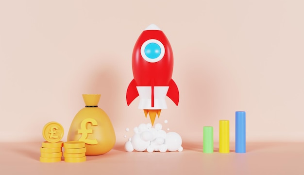 Lanzamiento de cohetes Concepto de negocio de Money Pound en fondo de color pastel