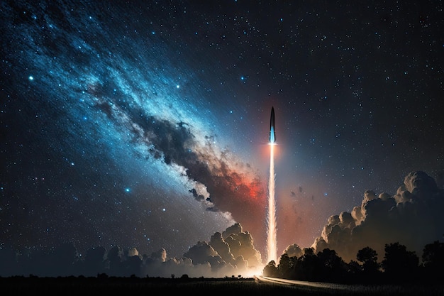 Lanzamiento de cohetes contra el cielo estrellado con la vía láctea visible creado con ai generativo