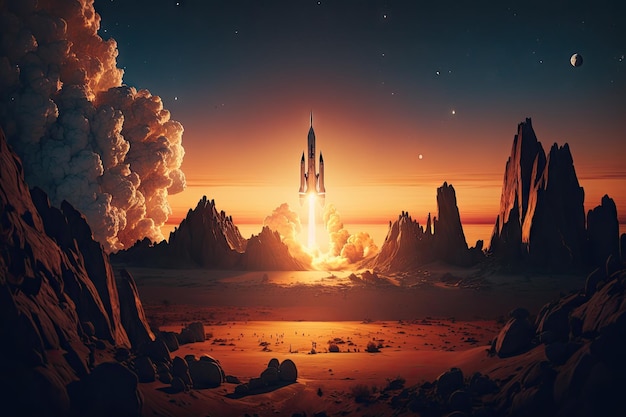 Lanzamiento de cohetes hacia la puesta de sol con la puesta de sol sobre un majestuoso paisaje creado con IA generativa