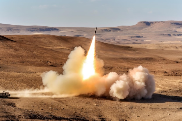Lanzamiento de misil con columnas de humo que se elevan hacia el cielo IA generativa
