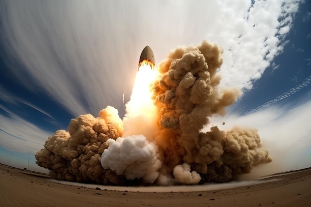 Foto lanzamiento de un misil intercontinental desde tierra con una gran nube de polvo generada por ai