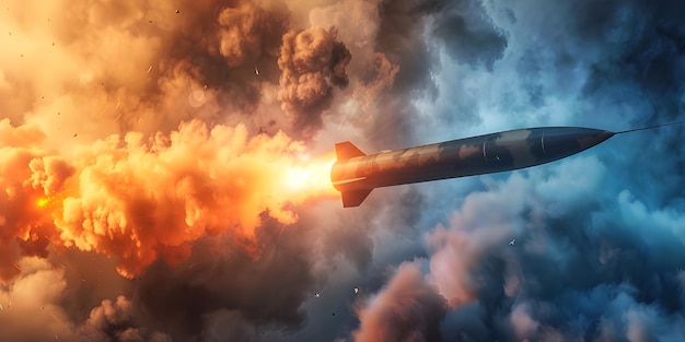 Foto lanzamiento de misiles hipersónicos humo y fuego fondo lanzamiento dinámico de misiles hipersónicos con humo