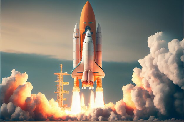 Foto lanzamiento de nuevo producto o servicio. proceso de desarrollo de tecnología. lanzamiento de cohetes espaciales. renderizado 3d