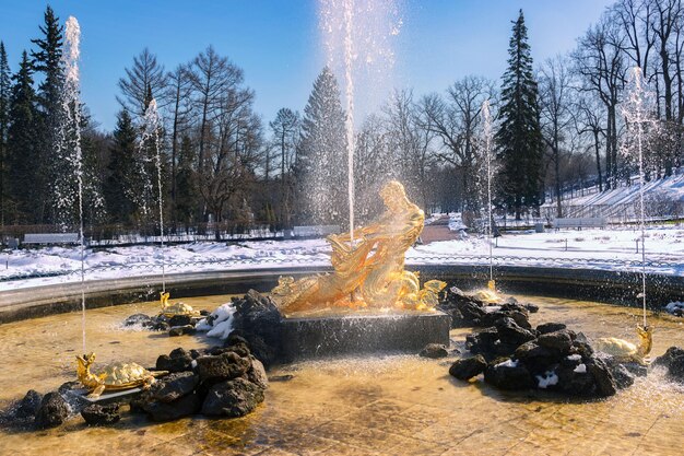 Foto lanzamiento de prueba de fuentes en el complejo de parques y palacios de peterhof nieve y fuentes