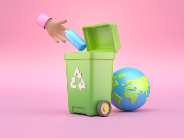 Lanzar una botella en un cubo de basura de reciclaje 3D Render