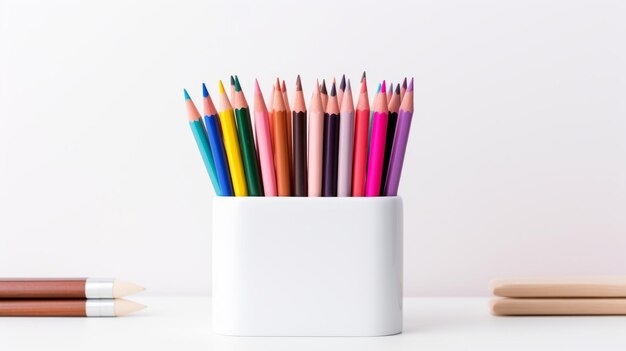 Foto lápices de color afilados en un soporte blanco contra un fondo plano