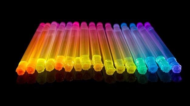 Los lápices de colores arco iris se muestran en un fondo negro.