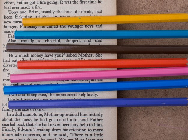 Lápices de colores colocados en la página de un libro con texto.