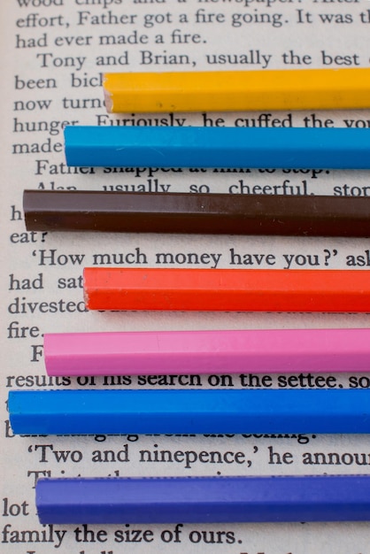 Lápices de colores colocados en la página de un libro.