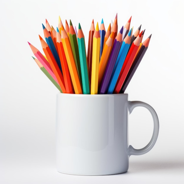 Lápices de colores en taza sobre fondo blanco Foto de estudio