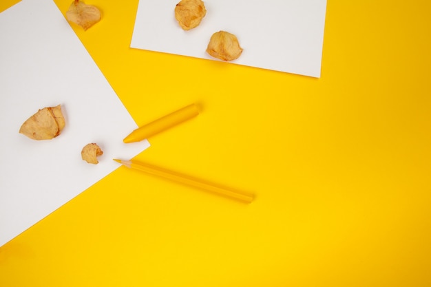 Lápices, cortes de lápiz y papel en blanco sobre fondo amarillo.