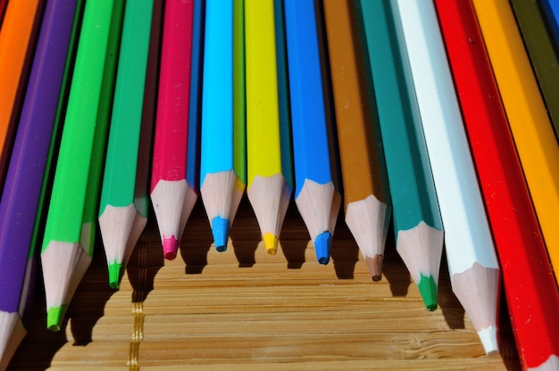 Lápices multicolores dispuestos en arco sobre una pajita.